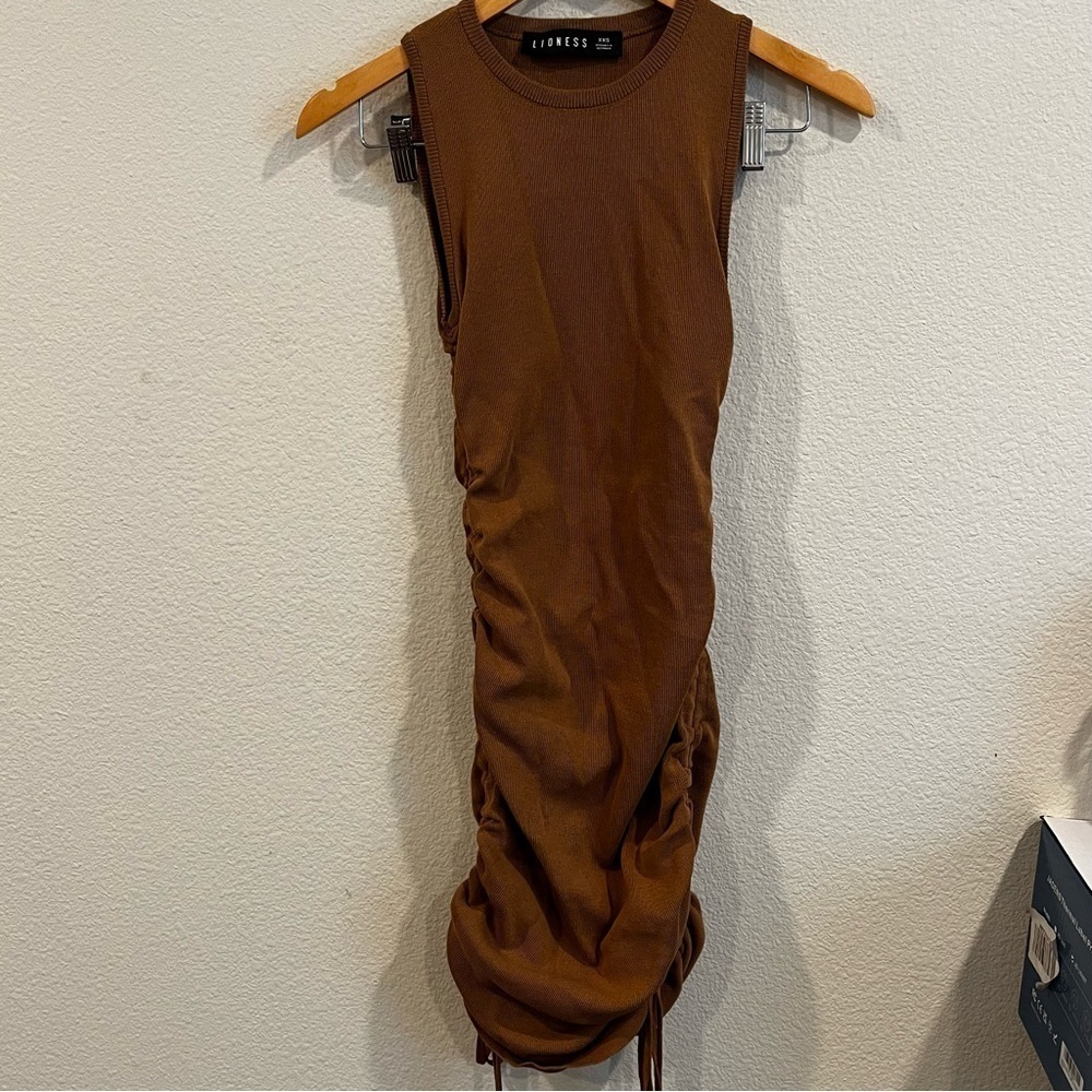 Lioness size xxsmall brown tan rubbed body con dress with adjustable sizes